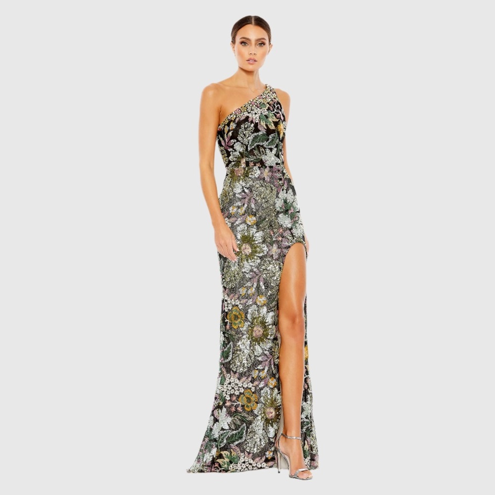 MAC DUGGAL Embellished Floral One Shoulder Gown